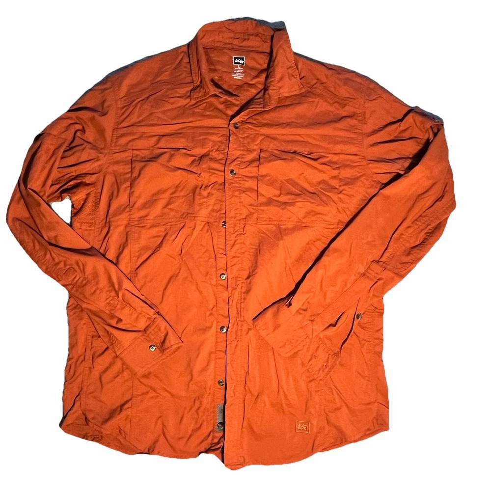 REI Large Orange Long Sleeve Vented Guide Fishing Shirt with Pockets Nylon 37249